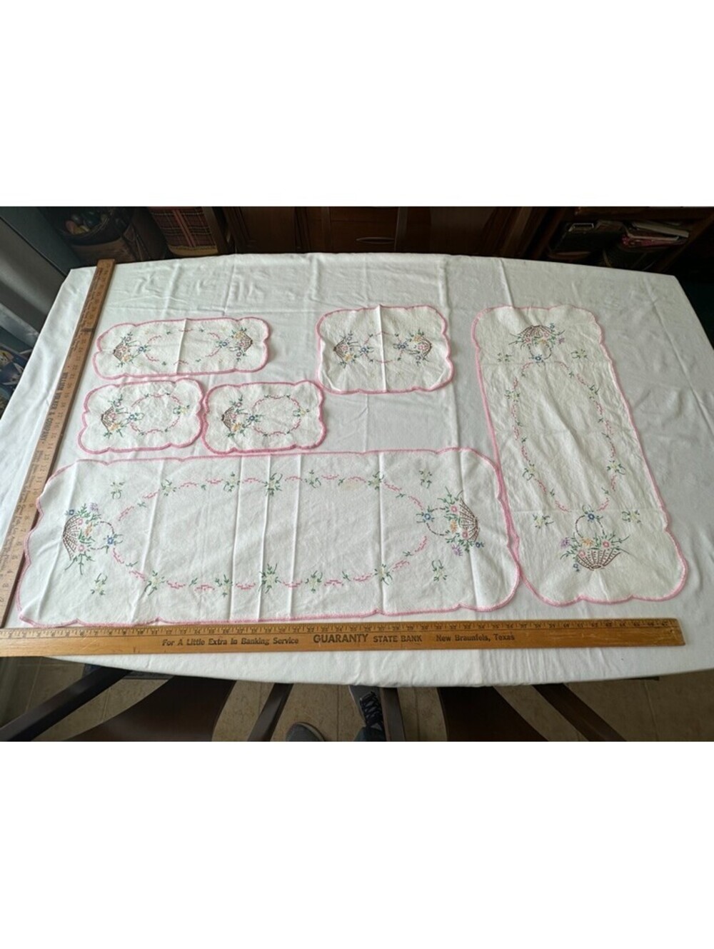 Vintage Hand Embroidered Dresser Lot Pink Flowers Basket Floral Leaves Green
